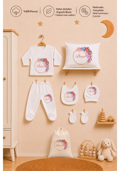 Pia Baby Kişiye Özel %100 Pamuk Kız Bebek Yastık Battaniye Zıbın Set Ve Kıyafet Kesesi 1037zybk0x Krem