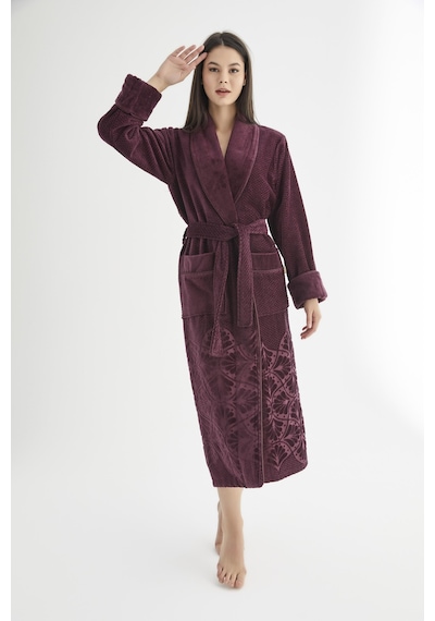 Şalyaka Jakarlı %100 Cotton Bayan Bornozu Bordo