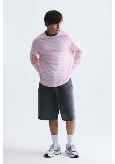 Vamos Kontrast Yaka Çizgili Sweatshirt Ekru-pembe