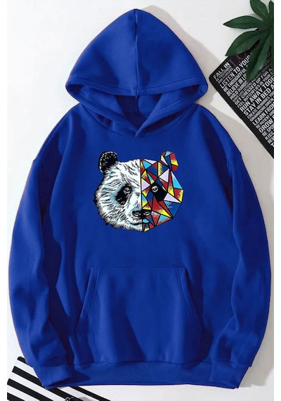 Medinenur Panda Baskılı Kapüşonlu Sweatshirt Mavi