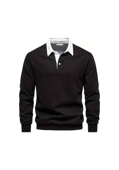 Ghassy Co. Erkek Retro Renk Bloklu Pamuklu Gömlek Yaka Sweatshirt Siyah