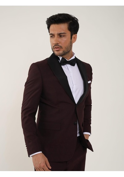 Dufy Bordo Erkek Slim Fit Düz Sivri Yaka Smokin Takım - 84171-Bordo