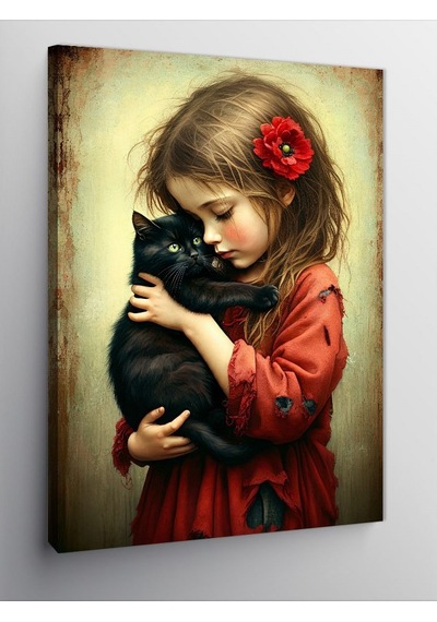 Kanvas Tablo Kedi Seven Küçük Kız 100cmx140cm