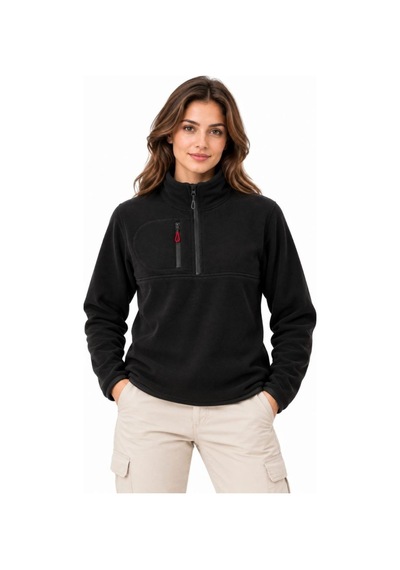 Velmora Fashion Kadın Polar Dik Yaka Yarım Fermuarlı Fermuarlı Göğüs Cepli Regular Fit Kışlık Sweatshirt - Siyah