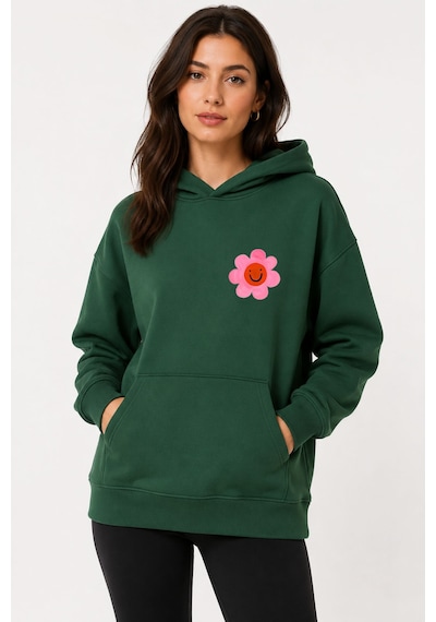 Herkesemoda Emoji Çiçek Baskılı Kapüşonlu 2 İplik Şardonlu Sweatshirt Yeşil