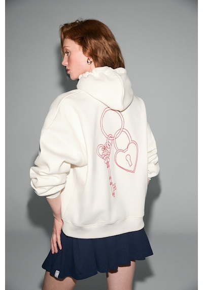 Grimelange JASSES Kadın Oversize Nakışlı Kapüşonlu Beyaz Sweatshirt