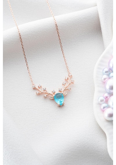 925 Ayar Gümüş Rose Kaplama Aquamarin Taşlı Ren Geyiği Model Kolye Rose Gold