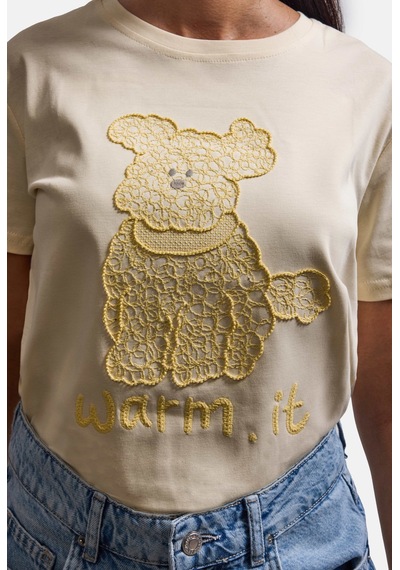 Kadın Bej Bol Kesim Köpüş Nakış Tasarım T-shirt Sarı