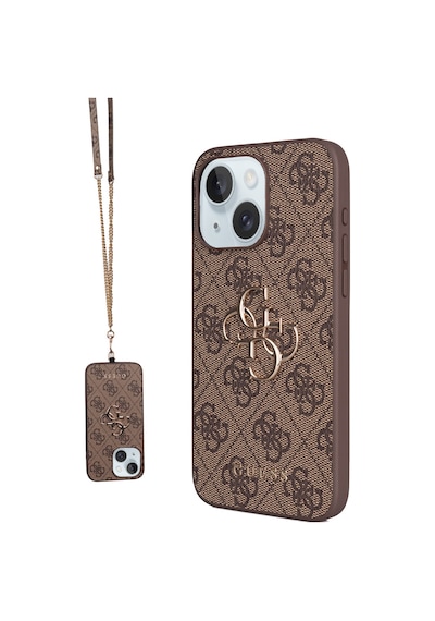 Apple Uyumlu iPhone 15 Plus Kılıf Guess Lisanslı Pu Deri 4g Büyük Metal Logolu Çapraz Vücut Askılı Kapak Kahveren Kahverengi