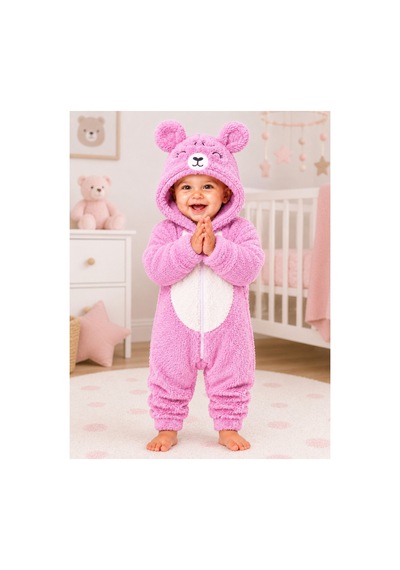 Kız Erkek Bebek Welsoft Peluş Tulum Kapüşonlu Fermuarlı Kışlık Bebek Tulumu Ayıcık Desenli Yumuşak Polar Tulum Gül Kurusu