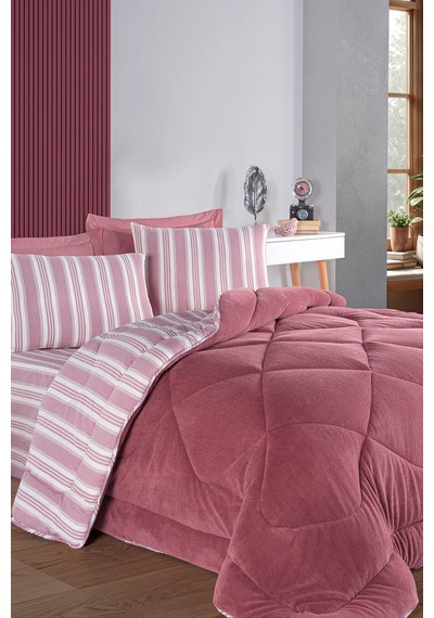 Uyku Seti Wellsoft Yorganlı Pofuduk 4 Parça Çift Kişilik Soft Line Bordo Bordo