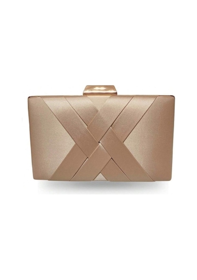 Famels Kadın Şeritli Özel Model Abiye Clutch Portföy El Gece Düğün Nişan Abiye Çantası Bej