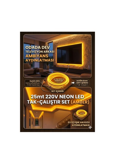 25 Metre Amber 220v Neon Led Şerit ,tak Çalıştır Set, Fişli Esnek Şerit Led, ,turuncu Led,mutfak,tezgah Ledi, Neon Led Şerit Işık ,ambiyans Işık Havuzu, Balkon, Teras Ve Ev İçin Dekoratif Led
