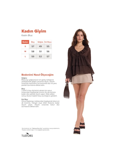 Tudors Kadın Slim Fit Dar Kesim V Yaka Fırfır Detaylı Uzun Kol Kahverengi Bluz-52083