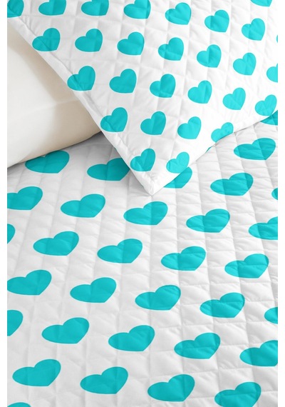 Kalp Turkuaz Genç Odası Tek Kişilik Pike Takımı - Minimal Beyaz 160x220 Cm Kapitone Yatak Örtüsü Bohem İz Baharı