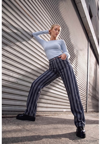 Kadın Mavi Çizgili 1w6-7 Loose Fit Özel Kumaş Tasarım Denim Jean