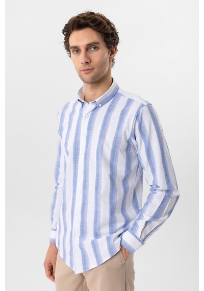 Süvari Mavi Slim Fit Desenli Düğmeli Yaka Çizgili Gömlek