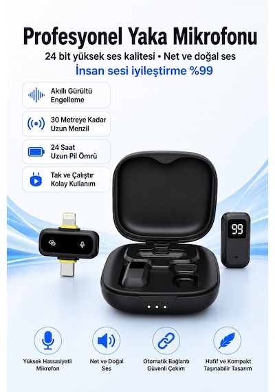 Kablosuz Yaka Mikrofonu 2'li Type-c Lightning Uyumlu Çift Mikrofonlu Gürültü Engelleme Şarj Kutulu