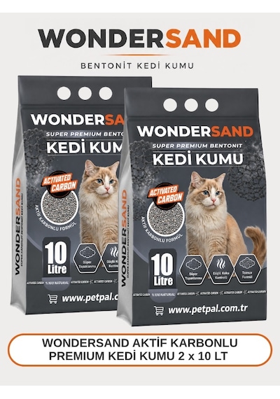 Wondersand Aktif Karbon Süper Premium Bentonit Kedi Kumu 2 x 10 L