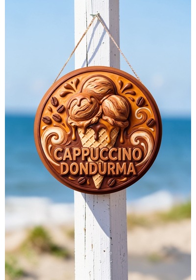 Cappuccino Dondurma Görselli İpli Ahşap Kapı Ve Duvar Süsü, Cafe, Dondurmacı Tabelası Dekoru