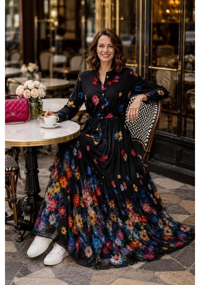 Hb Harma Time Butik Kadın Düğmeli Çiçek Desenli Modal Siyah Elbise Siyah Siyah