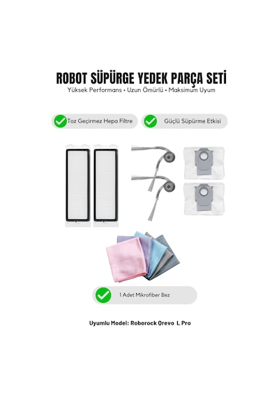 Roborock Qrevo L Pro İle Uyumlu 2 Yan Fırça 2 Filtre 2 Toz Torbası 1 Temizlik Bezi 13.0