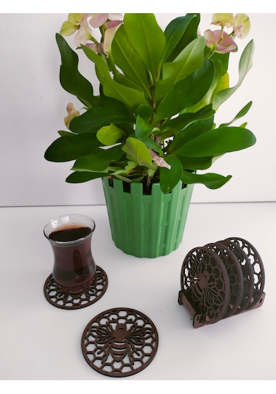 6 Adet Ahşap Lazer Kesim Fincan - Bardak Altlığı Seti 8 Cm Kaideli Arı Desenli Ceviz