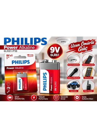 Philips 6lr61-p1b 9v Power Alkalin Pil Tekli Uzun Ömürlü 9 Volt Kare Pil
