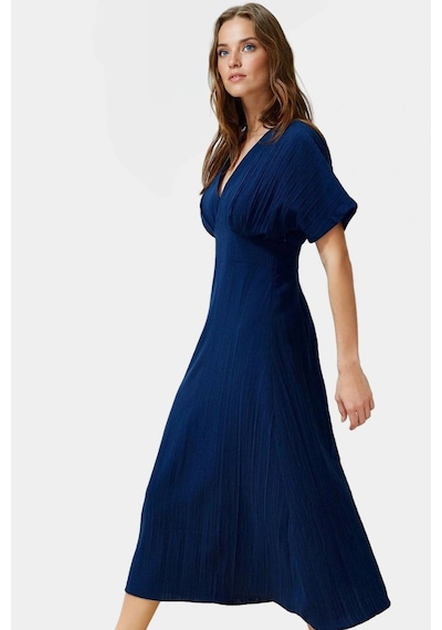 Ersefa Dokuma Polyester Maxi Elbise A Kesim V Yaka Rahat Yazlık Günlük K Lacivert
