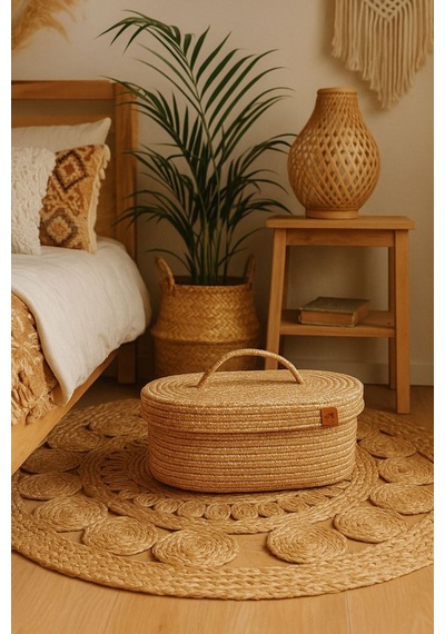 Hasır Jüt Sepet Oval Kapaklı Organizer Düzenleyici 30x20x10 Cm Bambu Bambu