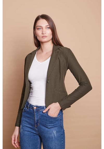 Yakalı Flato Cepli Uzun Kol Pamuklu Kumaş Kısa Blazer Ofis Ceket -haki Haki