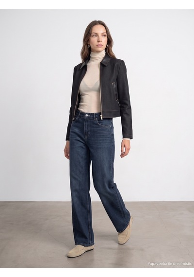 Dilvin 60826 Deri Detaylı Crop Ceket Siyah