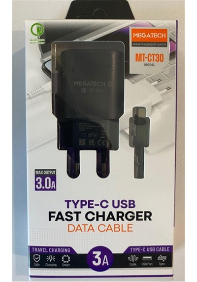 Megatech Mt-ct30 Siyah Qd 3.0a Usb Ev Şarj Kafa+ Type-c Şarj Kablosu