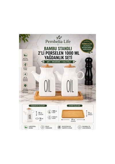 Bambu Standlı Kare 2 Li Porselen Herbiri 1000 Ml Yağdanlık Set 3 Lü Yağdanlık Takım Beyaz Beyaz
