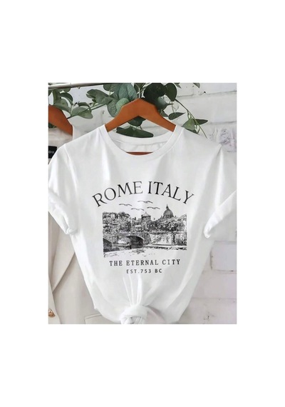 Medinenur Rome Italy Desen Baskılı Basic T-shirt Beyaz