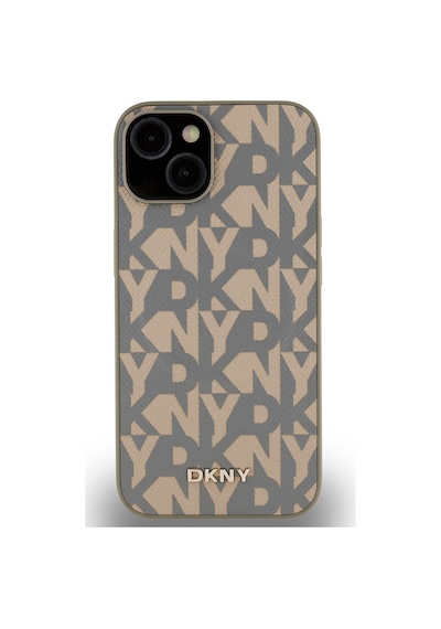Apple Uyumlu iPhone 15 Kılıf Dkny Lisanslı M-safe Şarj Özellikli 3d Yazılı Grid Pattern Kapak Kahverengi