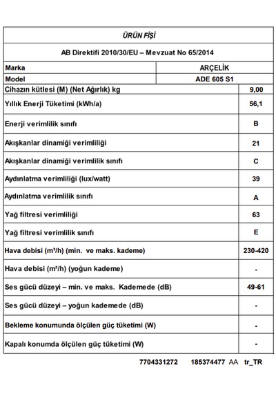 Arçelik ADE 605 S1 Ankastre Duvar Tipi Davlumbaz