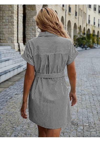 Efnaz Style Kadın Kısa Kollu Yakalı Önden Düğmeli Beli Kuşaklı Trikoton Elbise Siyah