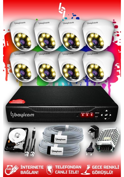 Bayicam 8 Kameralı Dome 8 İç Kamera Set 320 GB HDD Full HD Renkli Gece Görüşlü Güvenlik Kamerası Sistemi
