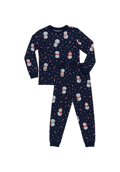 Zuzunga Unisex Yılbaşı Kardan Adam Desenli Çocuk Pijama Takımı Lacivert