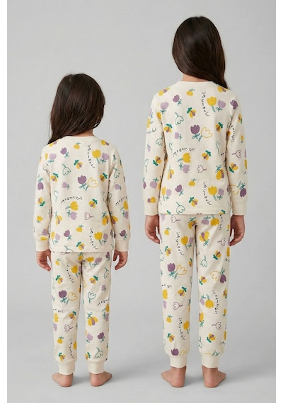 Magnifi Ove Yazılı Lale Baskılı Kız Çocuk Pijama Takımı Ekru