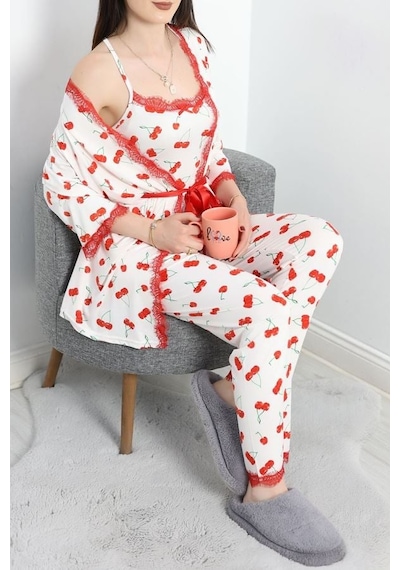 Seka Store Seka Milan Kumaş 3'lü Pijama Set Beyazkiraz - 50147.1857. Çok Renkli