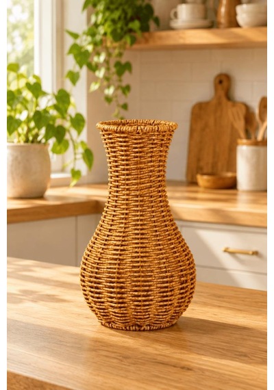 Atbyhome Doğal Hasır Rattan Çiçek Vazosu 25.5 Cm - Masa Üstü Dekoratif El Örgüsü Kuru Çiçeklik Ve Saksı Kahverengi