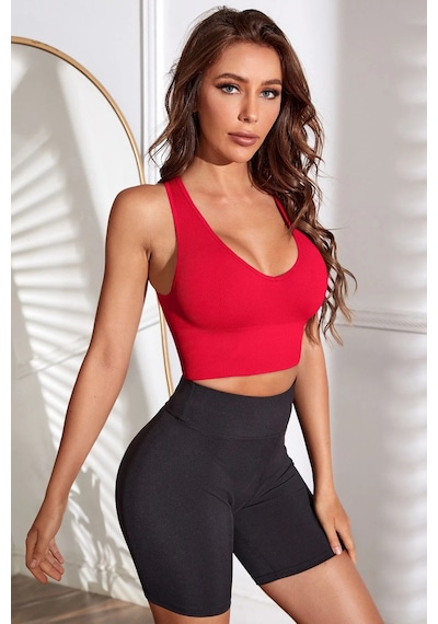 Modi Kadın Kırmızı Derin Göğüs Dekolteli Şık Crop Top Bluz