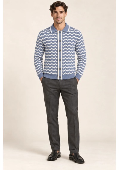 Tarz Cool Erkek Polo Yaka Zikzak Desenli Düğmeli Triko Hırka Akrilik Karışımlı Slim Fit Mavi