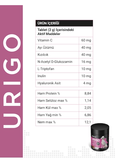 Cutepet Urigo Köpek İdrar Yolu Sağlığı Destekleyici Tablet 60 Adet Üriner Sistem Ve Mesane Destekleyici