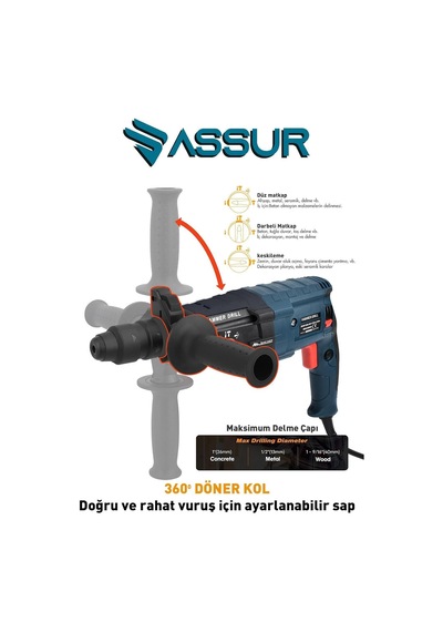 Tr 850w Sds Plus Kırıcı Delici Matkap Metal Şanzıman 2-28 Mm Delme Kapasitesi 3 Fonksiyonlu Darbeli Hilti B