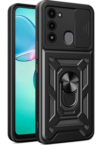 Tecno Spark 8c Kılıf Magnetik Standlı Kamera Korumalı Zore Sürgülü Vega Kapak Siyah