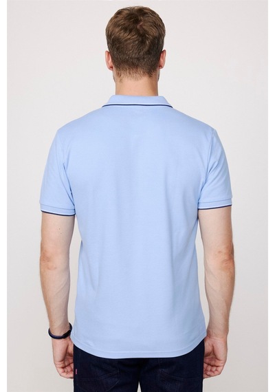 Tudors Erkek Slim Fit Dar Kesim %100 Pamuk Düz Pike Kol Şeritli Mavi Polo Yaka Tişört-27646 Mavi