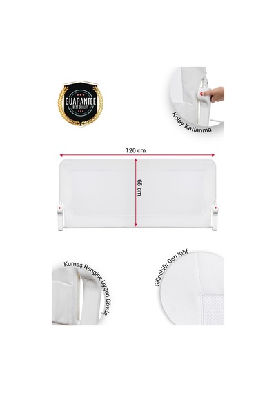 Wellgro Premium 120x65 CM Deri Kılıflı Yatak Bariyeri Katlanır Yatak Korkuluğu, Beyaz